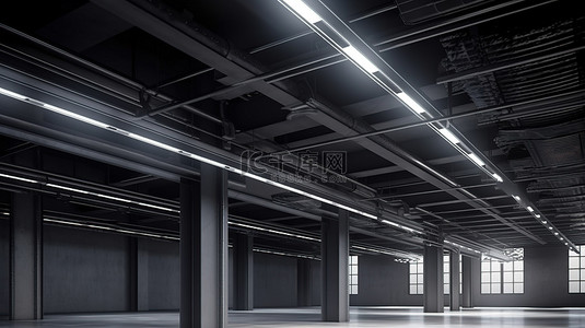 工厂天花板 3D 渲染中的金属梁
