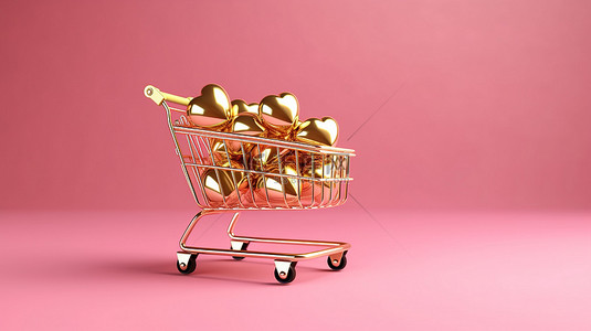 礼物箱背景图片_情人节购物销售横幅，粉红色背景 3d 渲染上带有金心爱