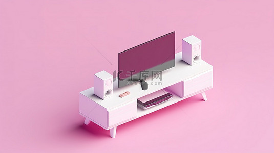 白色电视柜的 3D 图标，采用等距设计，配有各种粉色和白色家居用品