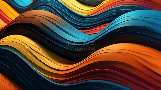 充满活力的 3D 艺术笔触壁纸由波浪线和形状组成的彩色几何组合