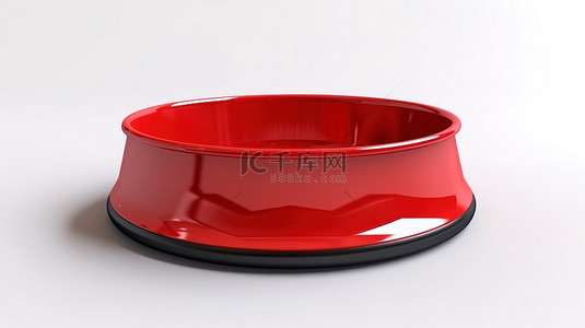 白色背景展示了一个空的红色塑料碗的 3D 渲染，供毛茸茸的宠物使用