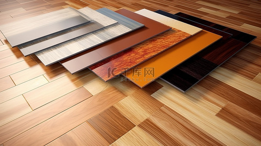 用于安装的各种镶木地板层压木板和瓷砖地板 3D 插图