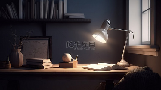 阅读台灯背景图片_家庭办公室天堂 3D 渲染舒适的阅读角，桌上有书灯和装饰品，有充足的复印空间