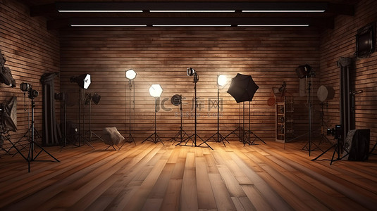 宽敞的摄影工作室配有专业照明设备和木质背景 3D 渲染