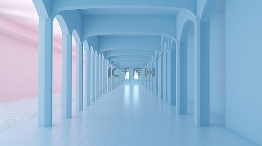 背景大楼背景图片_3D 中的柔和蓝色单色路径放置在充满活力的蓝色背景上，具有复制空间，且看不到人