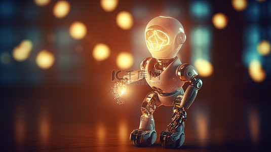 电子背景背景图片_机器人创新 3D 渲染拿着灯泡的机器人来描绘创造力
