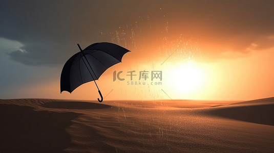 背景中沙丘下雨的日落和风中吹过的雨伞的轮廓的 3D 渲染
