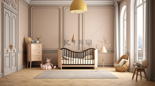 永恒的托儿所，配有 3D 渲染的质朴棕色婴儿床