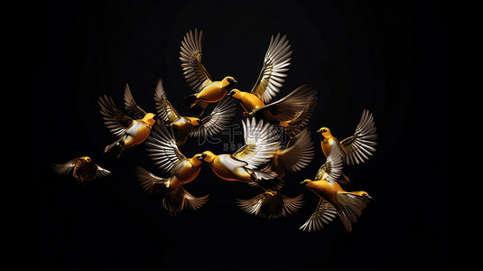 飞翔的鸟背景图片_黑色背景下飞翔的鸟类的 3D 插图