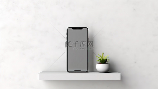 科技办公室背景图片_白色混凝土墙和手机方形背景架的 3D 插图