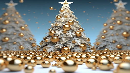 3D 渲染圣诞树背景，配有金色星星装饰品和雪花