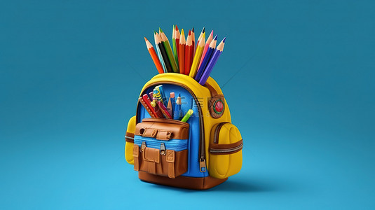 学习必需品 3D 铅笔和蓝色背景上的微型书包