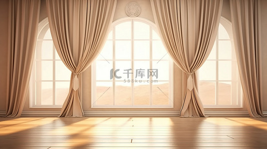白色飘逸的窗帘背景图片_3D 渲染前视图，带有优雅的窗户和飘逸的窗帘