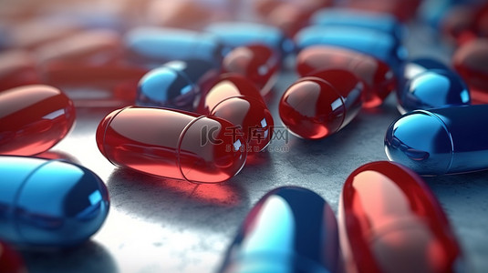 红色和蓝色健康胶囊抗生素药丸的 3D 渲染特写