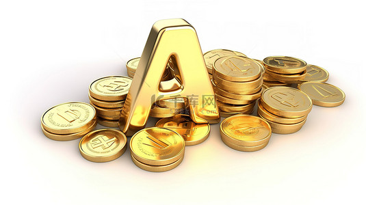 白色背景下适销对路的黄金闪亮金条硬币和“au”字样的 3D 插图