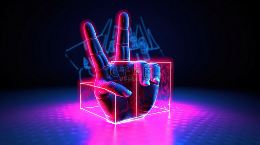 发光的霓虹灯盒环绕着抽象的手，通过 3D 渲染描绘音乐概念的摇滚手势
