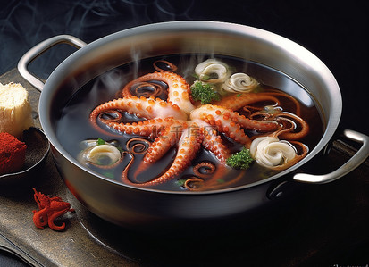 章鱼坐在一锅热汤里