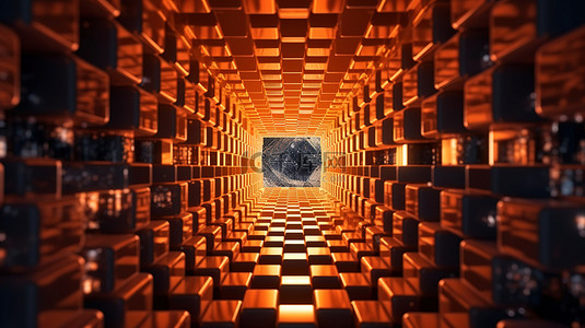 发光块在抽象的 3D 插图中形成对称的几何隧道，具有独特的视角