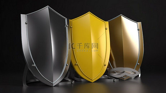 3D 渲染中的银色和黄色安全概念钢防护罩图标包