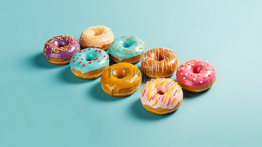 等距 3D 模型中的各种釉面甜甜圈显示在蓝色背景上，具有多种颜色的饰面
