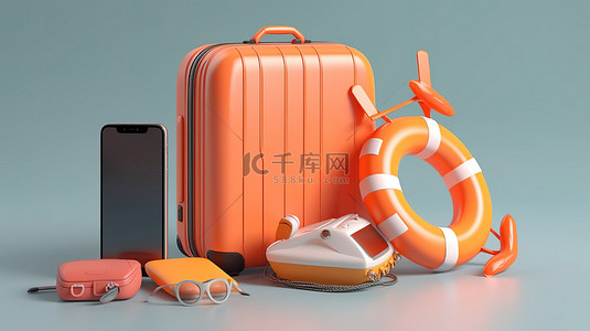 旅行必需品背景图片_灰色背景下 3D 渲染手提箱相机飞机智能手机太阳镜和救生圈中的旅行必需品