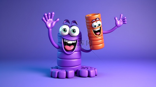 异想天开的卡通人物在充满活力的紫色背景上以 3D 插图螺旋式鼓掌