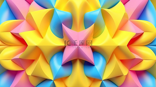 几何装饰风格 3D 插图，具有充满活力的黄色粉色和蓝色图案