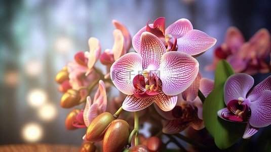 绽放鲜花背景图片_精美的兰花排列，在精美的 3D 纹理背景下