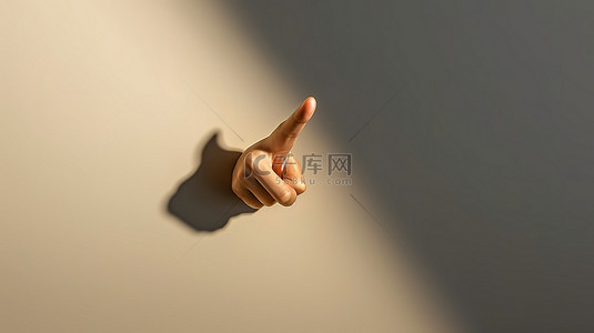 一只手的手指背景图片_3D 渲染的插图描绘了一只卡通手用一根手指向上或单击一个对象并投射阴影