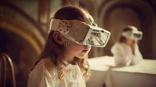 年轻女孩在室内使用 3D 查看器享受虚拟现实