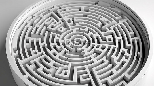 线条迷宫背景图片_3D 渲染中圆形迷宫的白色顶视图