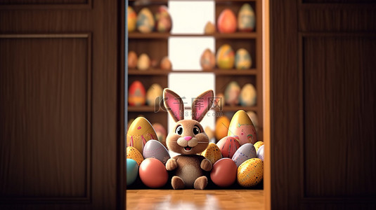 耳朵可爱背景图片_复活节兔子耳朵从敞开的门中伸出的 3D 插图，周围有复活节彩蛋和大量的复制空间