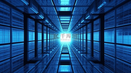 蓝色光明背景图片_现代技术风格的蓝色矩形隧道透视 3D 渲染