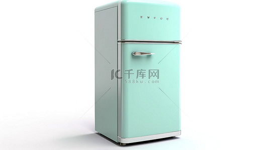 使用 3D 渲染技术创建的白色背景中独立站立的老式冰箱