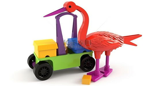 3D 插图中的彩色起重机儿童玩具是白色孤立背景下亲子关系的生态友好选择