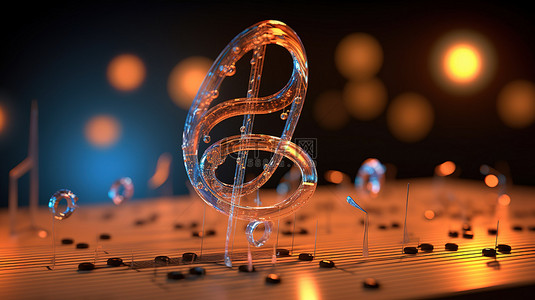 音乐背景上的高音谱号和乐谱的 3D 渲染设计