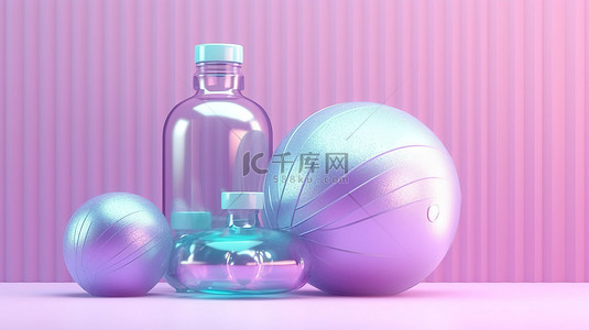蓝色的瑜伽垫背景图片_时尚 3D 渲染柔和的蓝色和紫色健身球配重和水瓶
