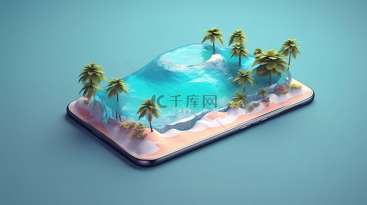 蓝海背景下的等距 3D 场景海滩棕榈树和智能手机