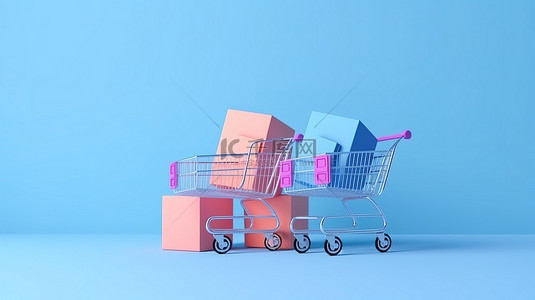 革命性的购物体验 3d 渲染购物车上的购物袋和蓝色背景上隔离的电脑 pc 的送货箱