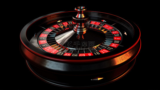 黑色赌场轮盘赌轮，带有红球 3D 渲染图像，与黑色背景隔离，并提供剪切路径