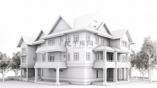 白色两层楼房子的孤立 3d 渲染