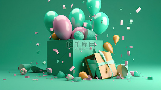 生日庆典 3D 渲染爆炸性礼品盒，带有 2 号气球和绿色背景的五彩纸屑