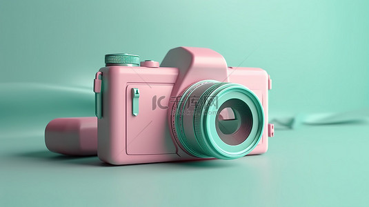 灯箱相机背景图片_粉色和绿松石背景 3D 渲染上的柔和相机