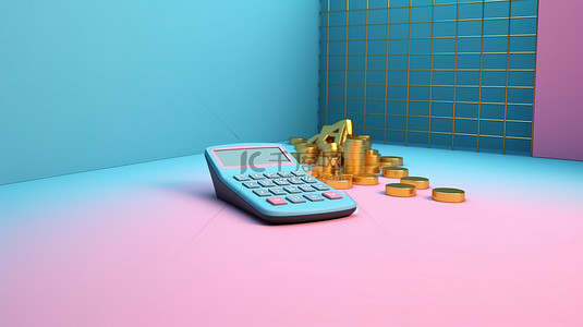 粉红色地板 3d 渲染，具有蓝色计算器金币和上升图
