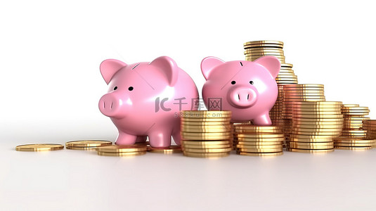 在白色背景下实现堆叠金币和粉红小猪的财富 3D 渲染，以实现金融增长和储蓄存款概念