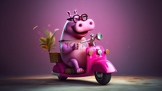 卡通骑背景图片_幽默的 3D 粉色河马骑着滑板车