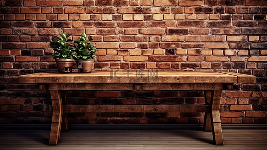 具有 3D 效果的实木桌子与质朴的砖墙形成鲜明对比