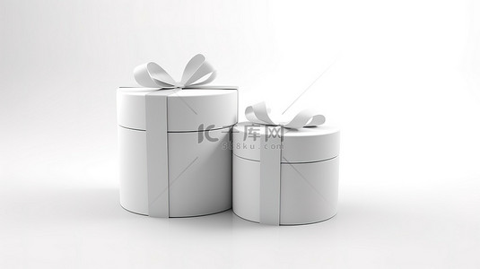 纸箱打包背景图片_一对 3D 渲染的白色圆形礼品盒和一个白色背景上的盒子