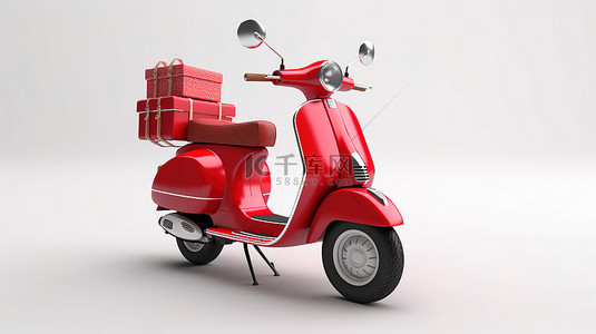 白色背景的 3D 插图，带有装饰着礼品袋的红色摩托车