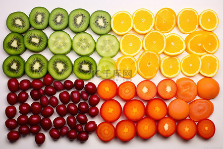 由黄红色和橙色制成的水果和蔬菜的彩虹